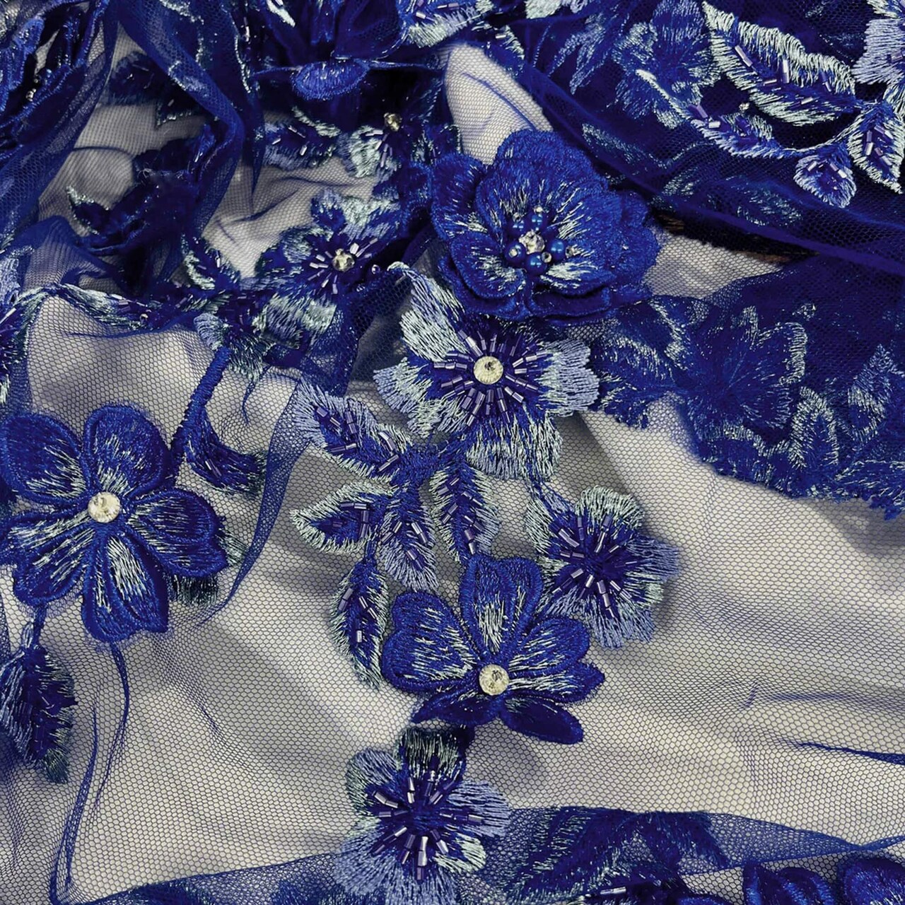 1 Yard 3D Beaded Floral Lace Fabric, Embroidered Mesh with Rhinestones & Scalloped Edges